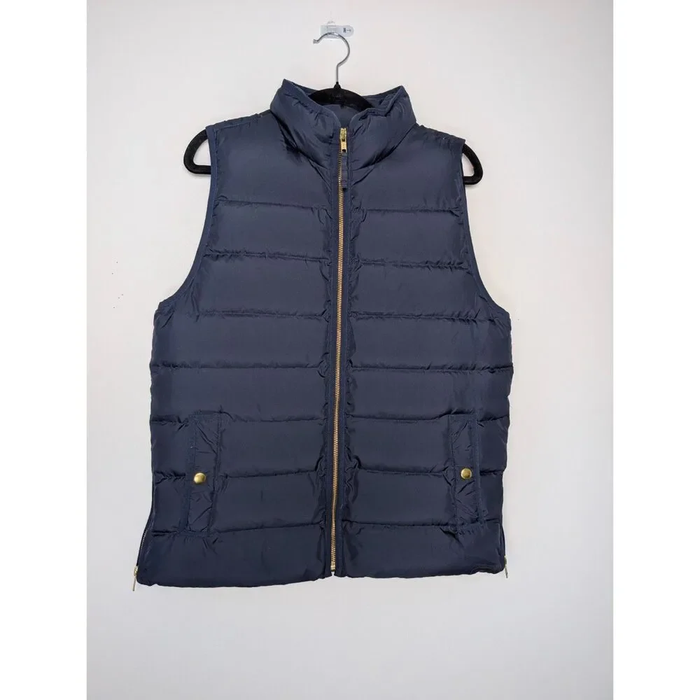 J.Crew Mountain Down Puffer Vest Navy Gold Zip Side Zip Medium H1622 Preppy